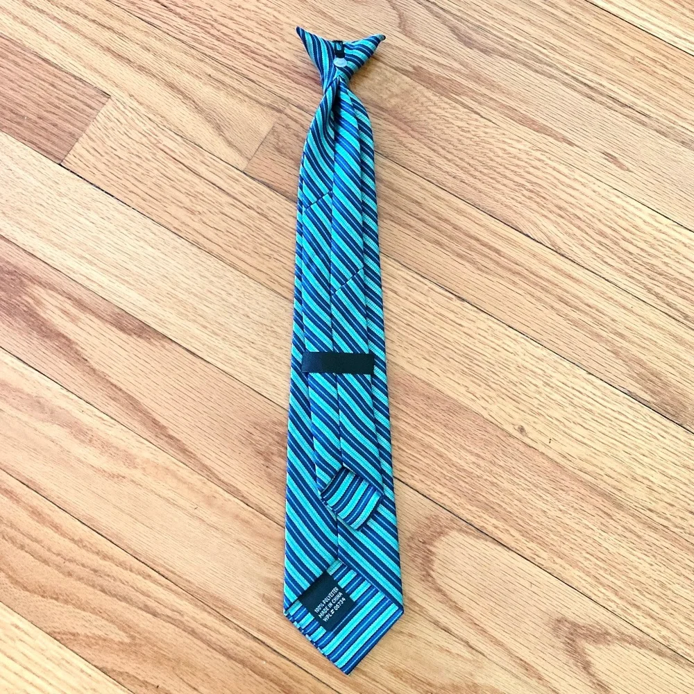 Boy’s blue and green striped clip on tie